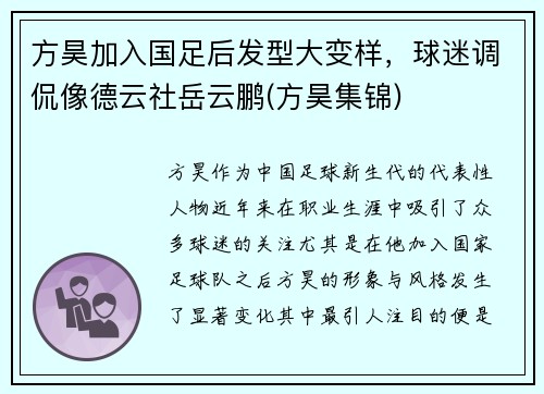 方昊加入国足后发型大变样，球迷调侃像德云社岳云鹏(方昊集锦)