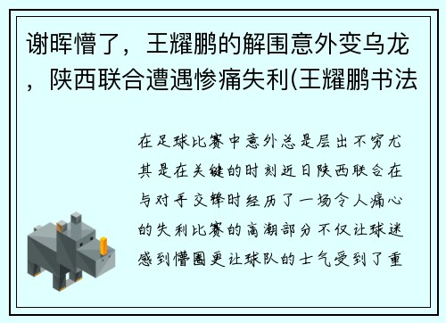 谢晖懵了，王耀鹏的解围意外变乌龙，陕西联合遭遇惨痛失利(王耀鹏书法)