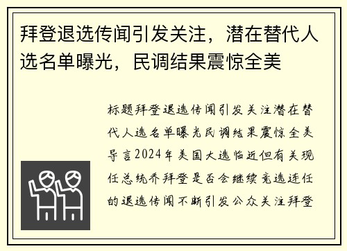 拜登退选传闻引发关注，潜在替代人选名单曝光，民调结果震惊全美