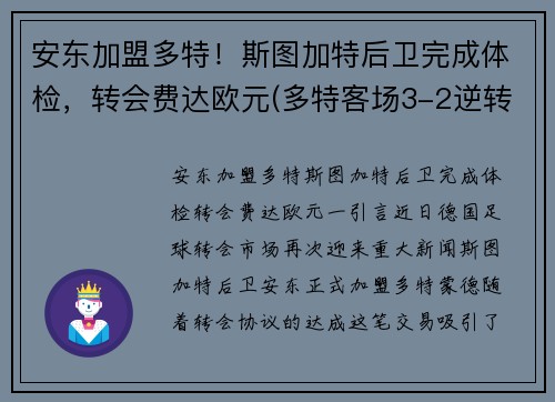 安东加盟多特！斯图加特后卫完成体检，转会费达欧元(多特客场3-2逆转斯图加特)