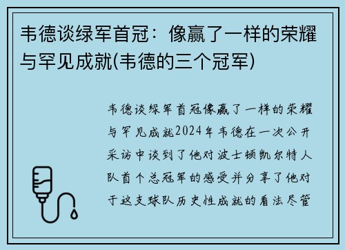 韦德谈绿军首冠：像赢了一样的荣耀与罕见成就(韦德的三个冠军)