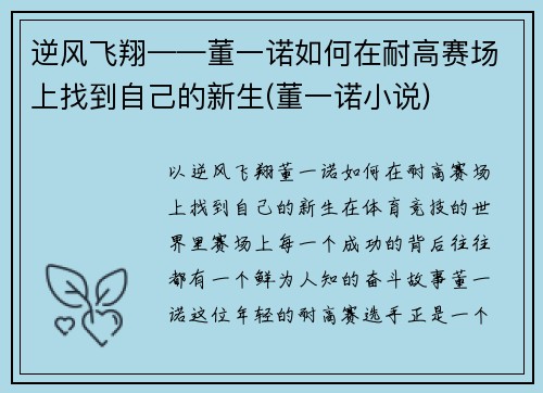 逆风飞翔——董一诺如何在耐高赛场上找到自己的新生(董一诺小说)