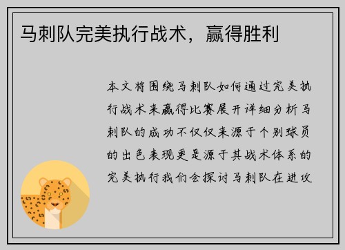 马刺队完美执行战术，赢得胜利