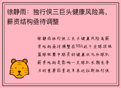 徐静雨：独行侠三巨头健康风险高，薪资结构亟待调整